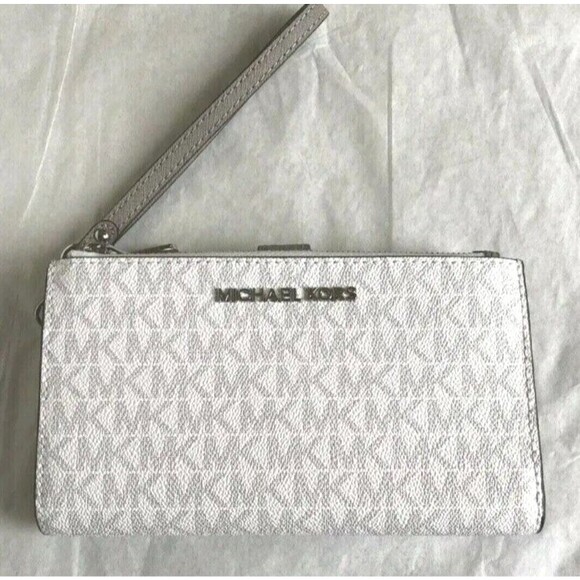 New Michael Kors Jet Set Travel Double Zip Wallet Signature Bright White - Picture 2 of 6
